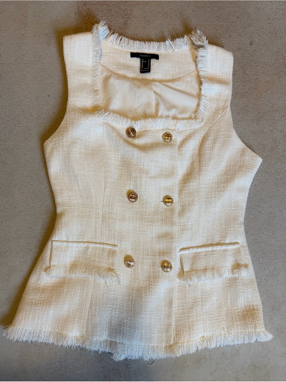 Cream Tweed Double-Breasted Fringed Sleeveless Blouse